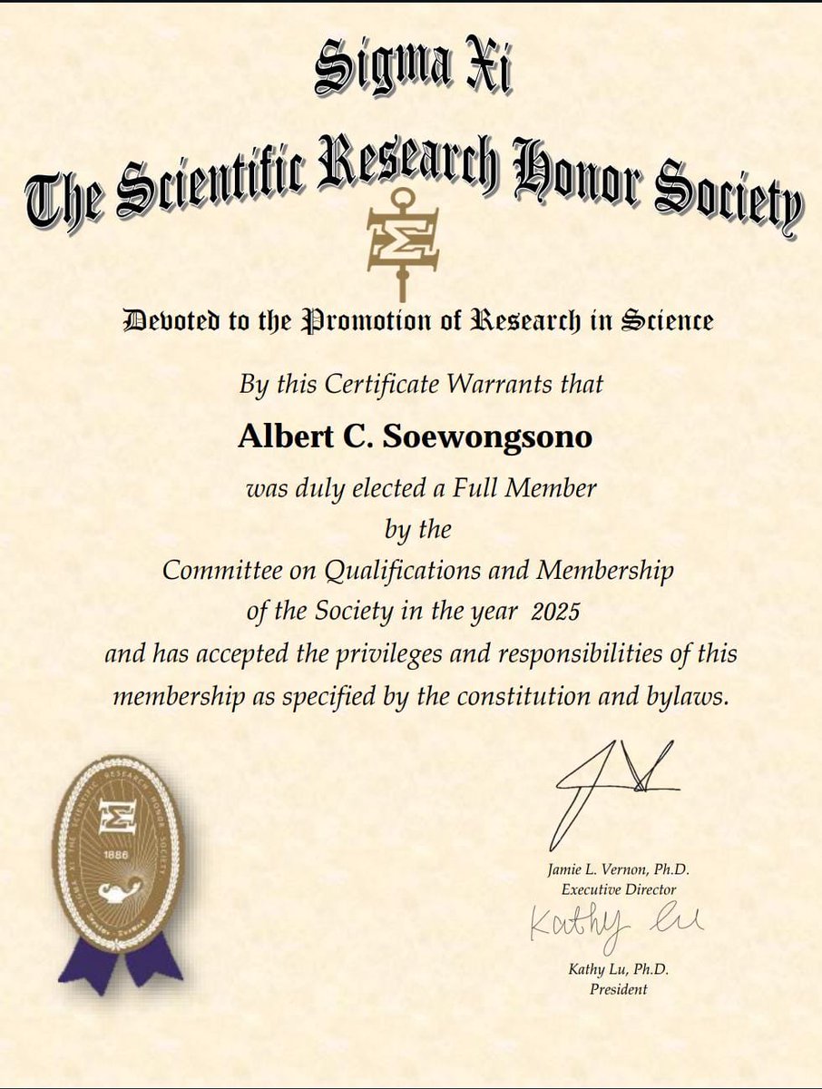 Honored to be elected as a member of the <a href="/SigmaXiSociety/">SigmaXi</a> - one of the oldest honor societies in science. 

Thank you to the two anonymous committee members for the nomination!