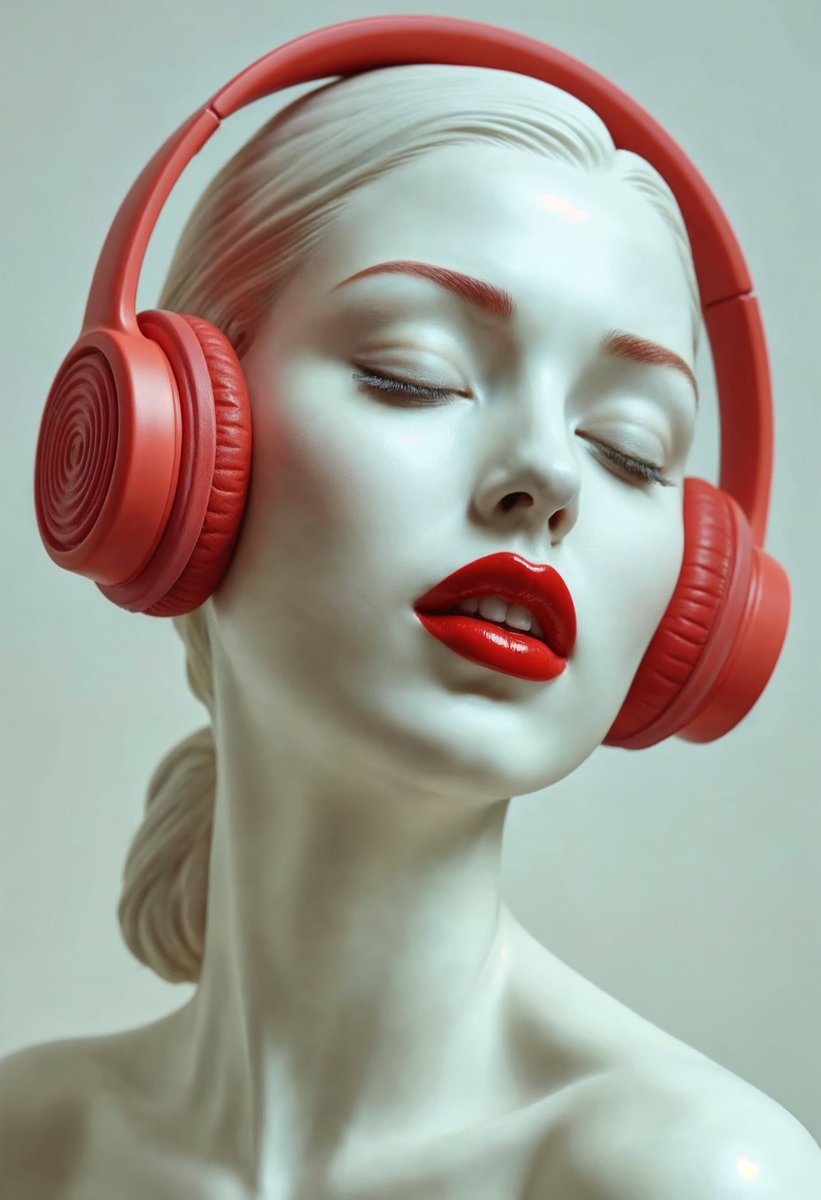 RousAILab's tweet photo. 🎧✨ Sonic Elegance: Where Sound Meets Art ✨🎧
A fusion of minimalist sculpture and futuristic elegance, this AI-generated masterpiece captures the essence of music and serenity. With smooth porcelain textures, bold red accents, and a striking monochrome aesthetic, it redefines digital artistry and hyperrealism. 🔥🎶

🚀 Freepik Suite continues to push the boundaries of AI creativity! 
🖌️ Created with: Freepik Pikaso AI Image Generator
🖋️ Mode: Mystic 2.5
🎭 Style: Style Reference
📈 Upscale: Magnific 2x
🎞️ Optimized: Film & Photography
🔗 Try the prompt yourself!
Prompt:
Create a striking, minimalist sculpture of a woman with glossy red lips, wearing bold red headphones. The facial features should be smooth and expressive, capturing a calm, serene expression with closed eyes, as if immersed in music. The figure should be highly stylized, almost like porcelain, with attention to the glossy texture of the lips and headphones, set against a soft neutral background
#AIArt #SculpturalBeauty #FuturisticDesign #HyperRealism #MinimalistAesthetic #DigitalSculpture #VisualPoetry #FilmPhotography #MagnificAI #SurrealPortrait #AIInnovation #Freepik #PikasoAI
