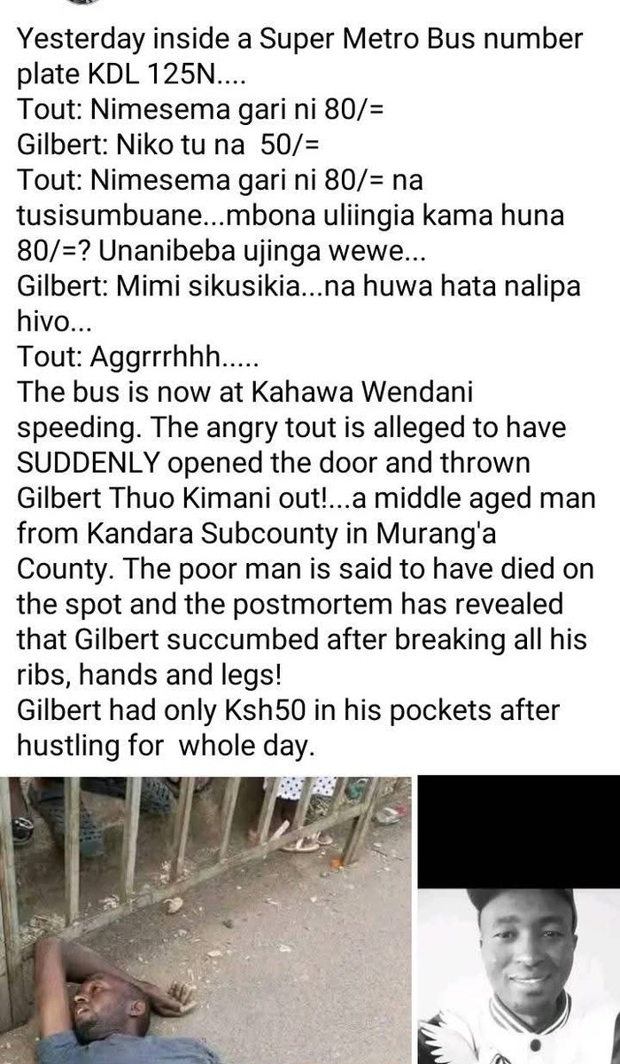 TheEniggma's tweet photo. we're a rotten country if we sit quietly and let a makanga throw a passenger out of a moving bus on the highway to meet his death

na mkaangalia huyo makanga tu

na mkaendelea na safari

sick https://t.co/qjHanTVXJy