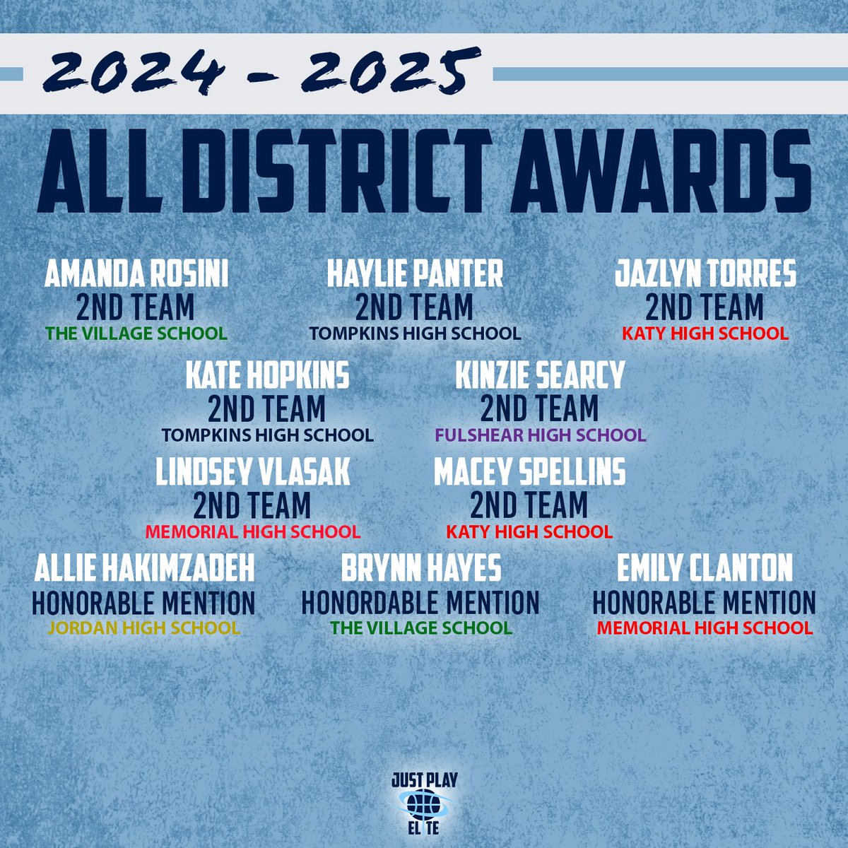 2024/2025 ALL-DISTRICT AWARDS 🎖️

All players listed played with Just Play Elite during the 2024 season or playing in the 2025 season‼️ CONGRATS LADIES 🤩