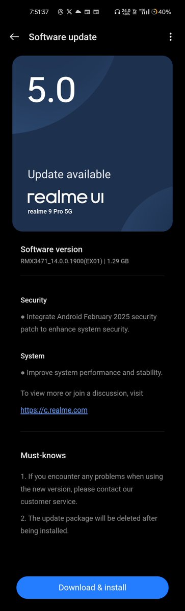 TechKard's tweet photo. Received new software update in my Realme 9 Pro 5G.
Update size : 1.29GB
Including:
Integrate Android February 2025 security patch to enhance system security.
Improve system performance and stability.
#Realme #Realme9Pro #Realme9Pro5G .@realmeIndia https://t.co/apkdVeXgz1