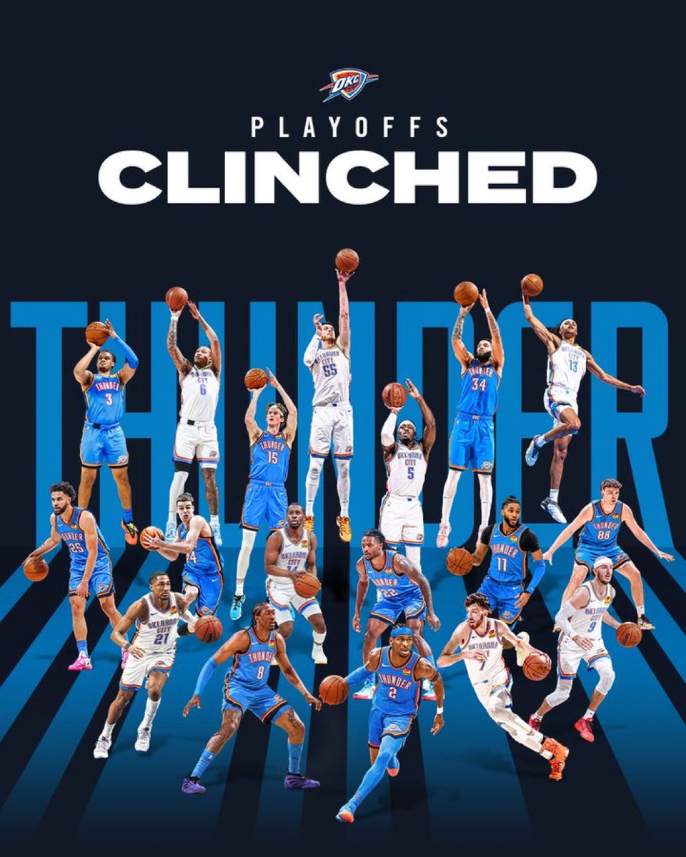 Our Thunder have clinched a spot in the NBA playoffs with a road win over the defending champion Boston Celtics!   We will begin our 2025 playoff run with home games 1 &amp; 2 in OKC in the window of April 19-23.  Plan accordingly and Thunder Up!