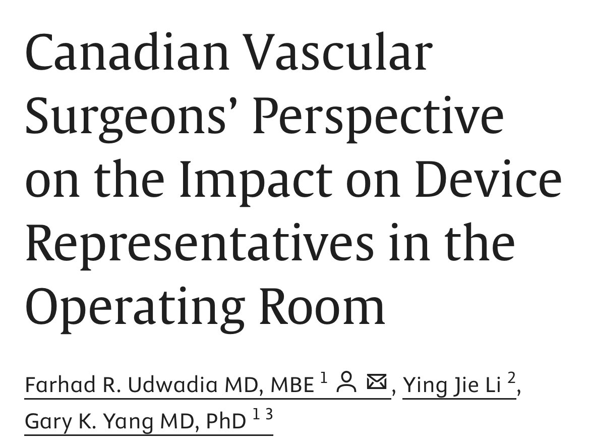 Farhad Udwadia (@frudwadia) on Twitter photo We surveyed Canadian vascular surgeons on device representatives’ presence during standard EVAR cases. Majority felt an overall benefit. Few perceived significant ethical issues, many felt more immune to company bias than their colleagues
<a href="/UBCVascular/">UBCVascular</a> <a href="/gk_yang/">Gary Yang</a> <a href="/JVascSurgVI/">JVS - Vascular Insights</a> We surveyed Canadian vascular surgeons on device representatives’ presence during standard EVAR cases. Majority felt an overall benefit. Few perceived significant ethical issues, many felt more immune to company bias than their colleagues
<a href="/UBCVascular/">UBCVascular</a> <a href="/gk_yang/">Gary Yang</a> <a href="/JVascSurgVI/">JVS - Vascular Insights</a>