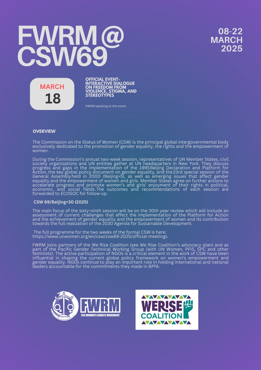Fiji Women's Rights Movement (@fwrm1) on Twitter photo Check out FWRM at #CSW2025. Executive Director Nalini Singh and Programme Director Laisa Bulatale are at the 69th session of the Commission on Status of Women, with other members of the <a href="/CoalitionWe/">We Rise Coalition</a>
#pacfemleadership #PacFemSolidarity #WeRiseCoalition #fwrm1 Check out FWRM at #CSW2025. Executive Director Nalini Singh and Programme Director Laisa Bulatale are at the 69th session of the Commission on Status of Women, with other members of the <a href="/CoalitionWe/">We Rise Coalition</a>
#pacfemleadership #PacFemSolidarity #WeRiseCoalition #fwrm1