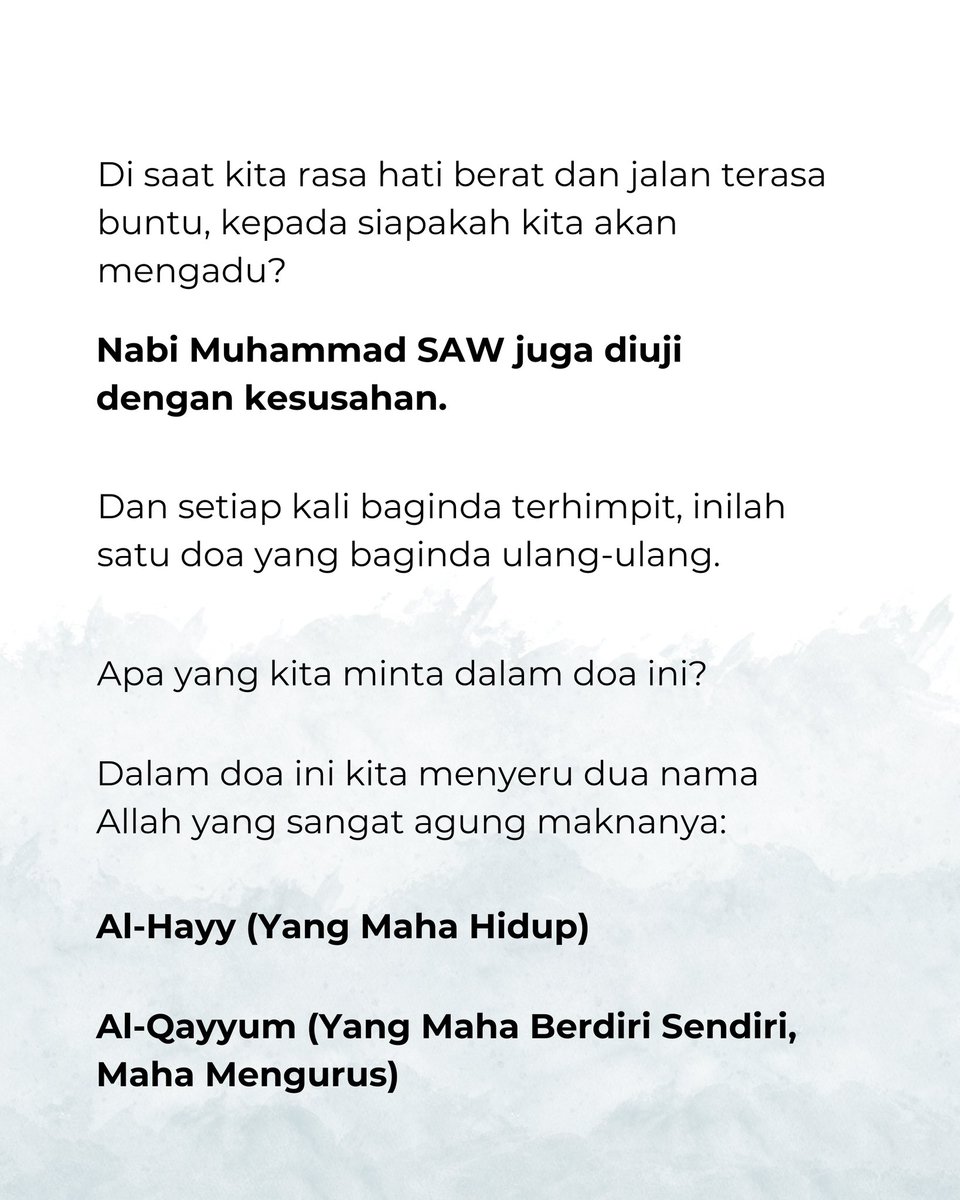 fakhrifadzli's tweet photo. 12 Ramadan.

Jika ada dua nama Allah SWT yang kita perlu seru pada setiap kali kita ditimpa kesusahan, apakah nama itu?

Nabi Muhammad SAW ajarkan kepada kita untuk menyeru al-Hayy dan al-Qayyum. 

Apakah rahsia di sebalik dua nama ini sehingga menjadi sebab terkuat untuk mendapat bantuan-Nya?

#30hari30doa