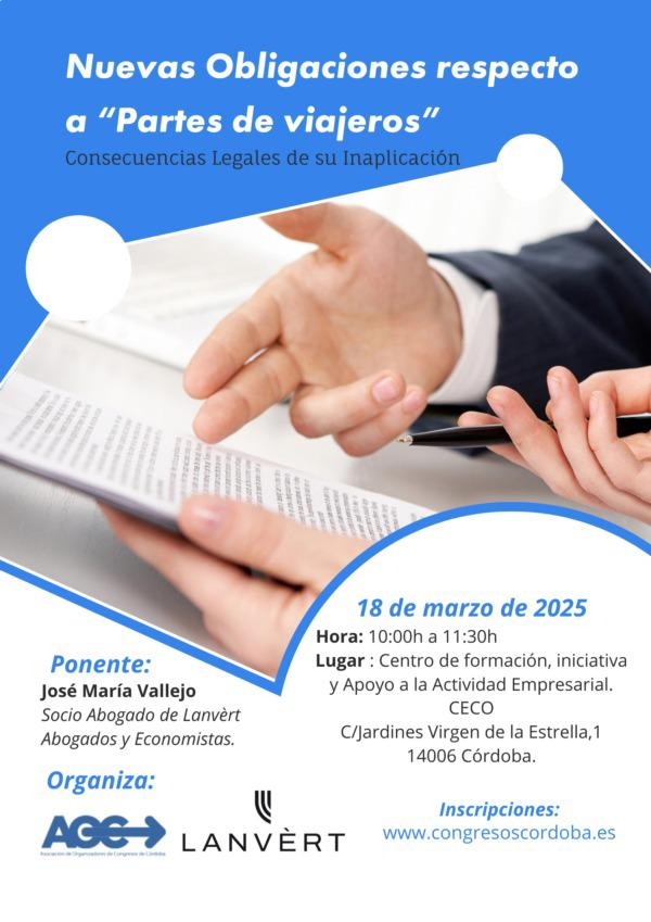 No os perdáis la ponencia de José María Vallejo, de #Lanvèrt, abogados y economistas, sobre Las nuevas obligaciones respecto a "Partes de viajeros" 👉 Consecuencias legales de su inaplicación.

* Inscripciones en f.mtr.cool/cmozkjifdc