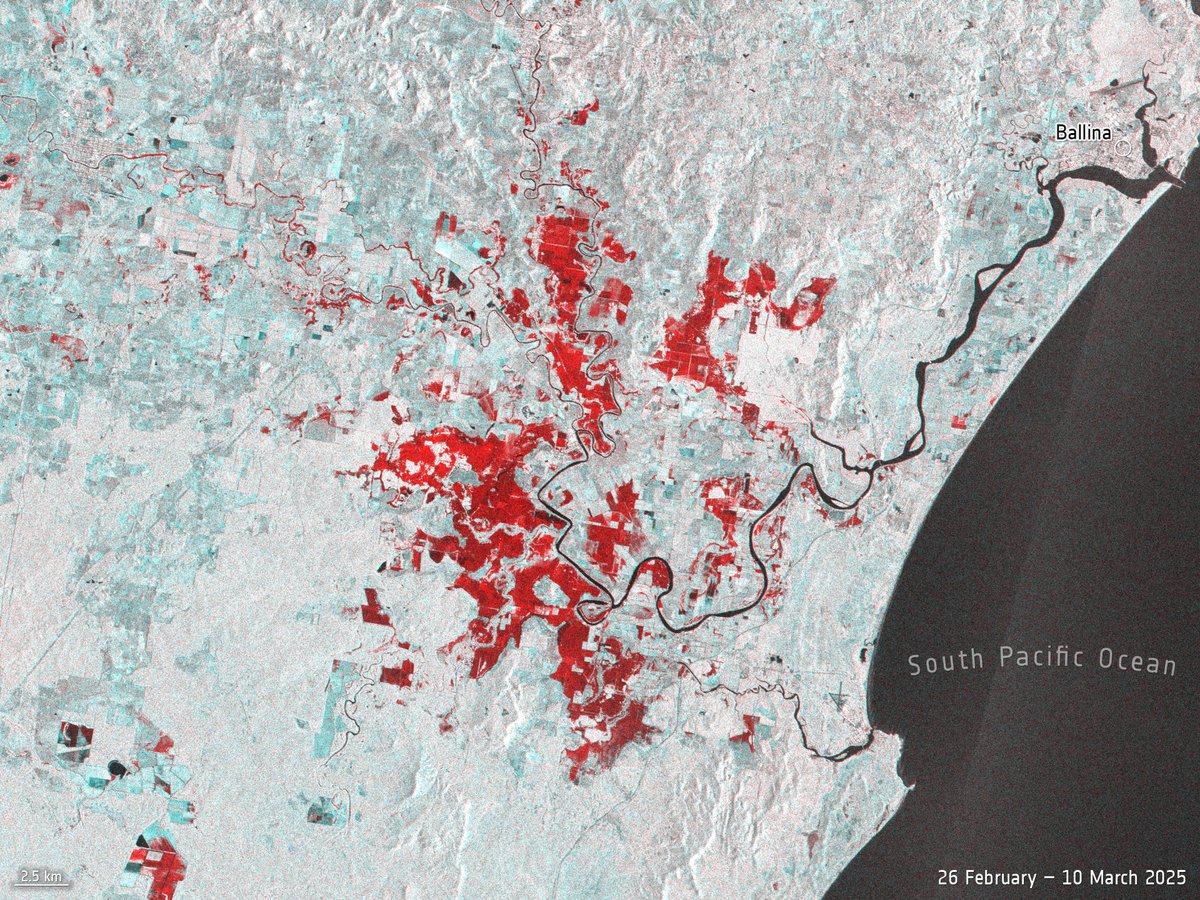 ESA Earth Observation (@esa_eo) on Twitter photo Queensland, Australia faced widespread flooding after Ex-Tropical Cyclone Alfred struck.
This <a href="/CopernicusEU/">Copernicus EU</a> Sentinel-1 radar composite image shows the extent of the flooding with flooded areas in red - it was created using two images: one from before and one after the floods. Queensland, Australia faced widespread flooding after Ex-Tropical Cyclone Alfred struck.
This <a href="/CopernicusEU/">Copernicus EU</a> Sentinel-1 radar composite image shows the extent of the flooding with flooded areas in red - it was created using two images: one from before and one after the floods.