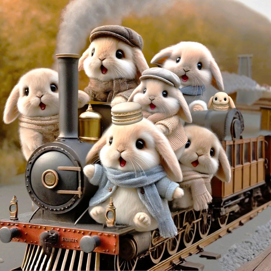 Let's ride on a slightly retro train  and enjoy the scenic views🚂 The journey is just beginning! 💛

ちょっぴりレトロな汽車に乗って のんびり景色を楽しもう🍁 旅はまだまだこれから！✨

#AI画像 #いやし #うさぎ #Aiart  #デジタルアート  #マカロン
