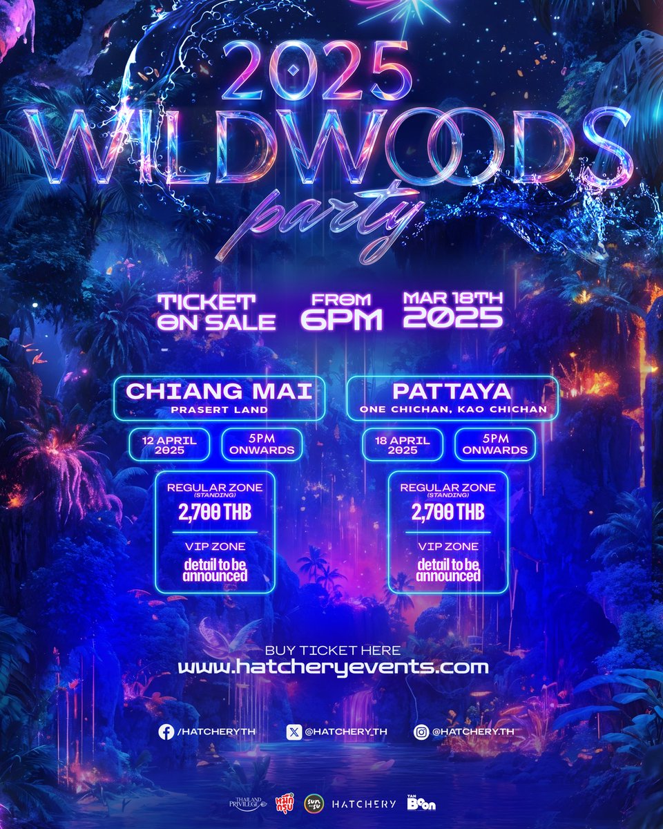 🔴 รอ Line up แล้วนะ ❤️‍🔥 WILDWOODS PARTY กลับมาอีกครั้ง ปีนี้จัดถึง 2 รอบ 2 จังหวัด! 🦋

💿12 April 2025 - Prasert Land, Chiang Mai
📀18 April 2025 - One Chichan, Kao Chichan, Pattaya

🎫 Ticket on sale: Mar 18th, 2025 6PM onwards at hatcheryevents.com

#2025WILDWOODSPARTY