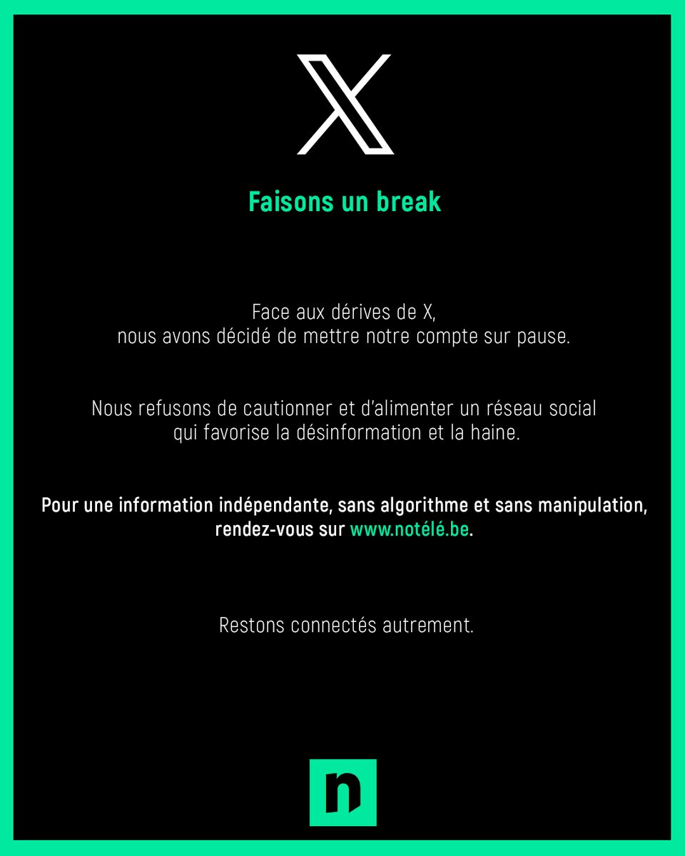 notele's tweet image. Le compte X de notélé mis sur pause ⏸️

👉Pour une information indépendante, sans algorithme et sans manipulation, rendez-vous sur notélé.be.