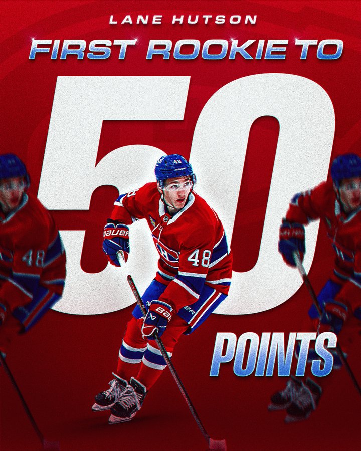 Top: In white text on a red background, "Lane Hutson. First rookie to 50 points."

Bottom: A cutout of Lane Hutson skating on ice during game action in a Canadiens' uniform.