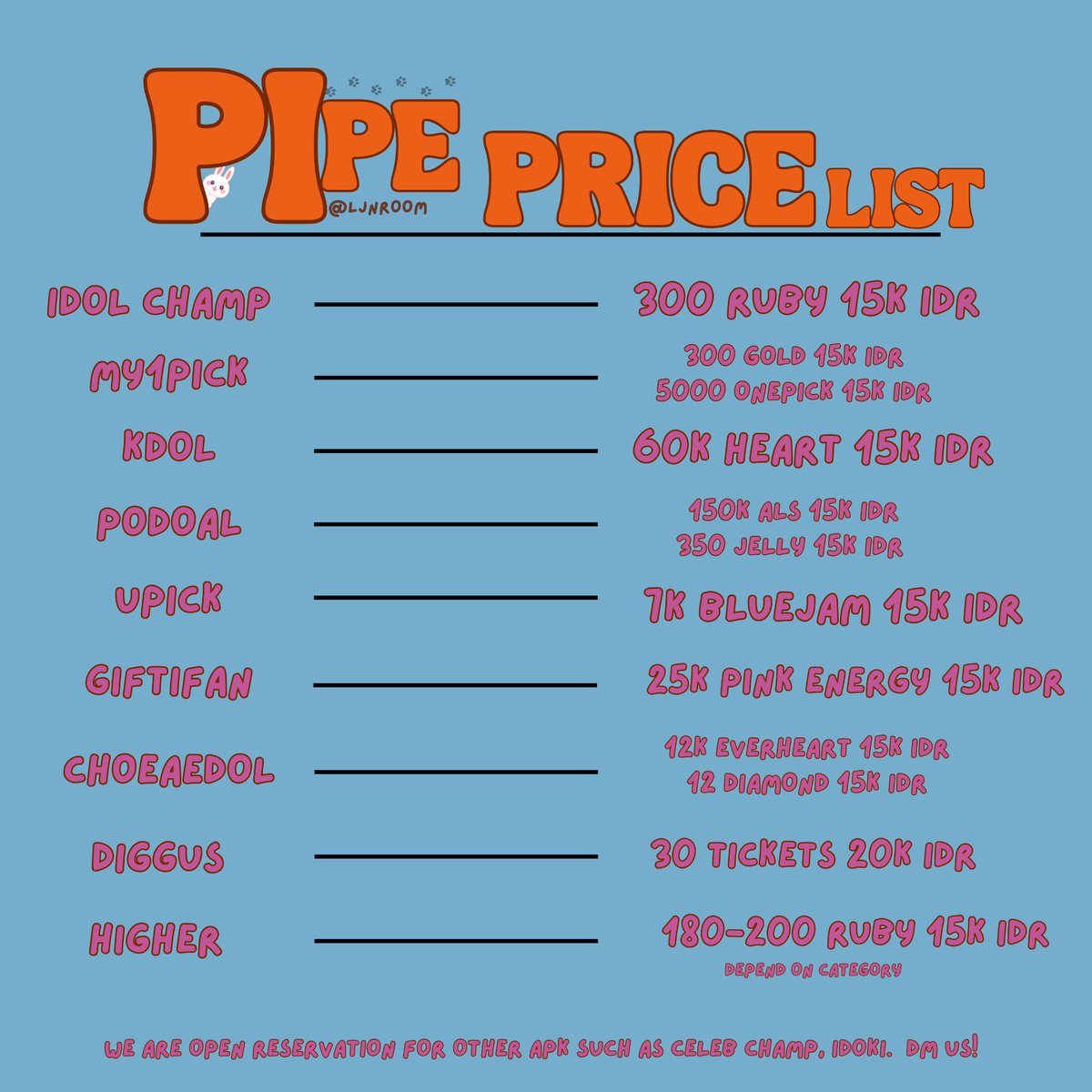 ljnroom's tweet image. READY STOCK THIS WEEK 𓂃𓈒𓏸 WTS KPOP VOTES

𓂃 ࣪ ✽ ˒ PODOAL Al 2M and Jelly 3.5k 
𓂃 ࣪ ✽ ˒ GIFTIFAN 500k Pink Energy
𓂃 ࣪ ✽ ˒ IDOL CHAMP 3.5k Ruby
𓂃 ࣪ ✽ ˒ HIGHER will be update
𓂃 ࣪ ✽ ˒ KDOL 160k Heart
𓂃 ࣪ ✽ ˒ MY1PICK 4.5k Gold

wts kpop votes idol vts lfb want to sell