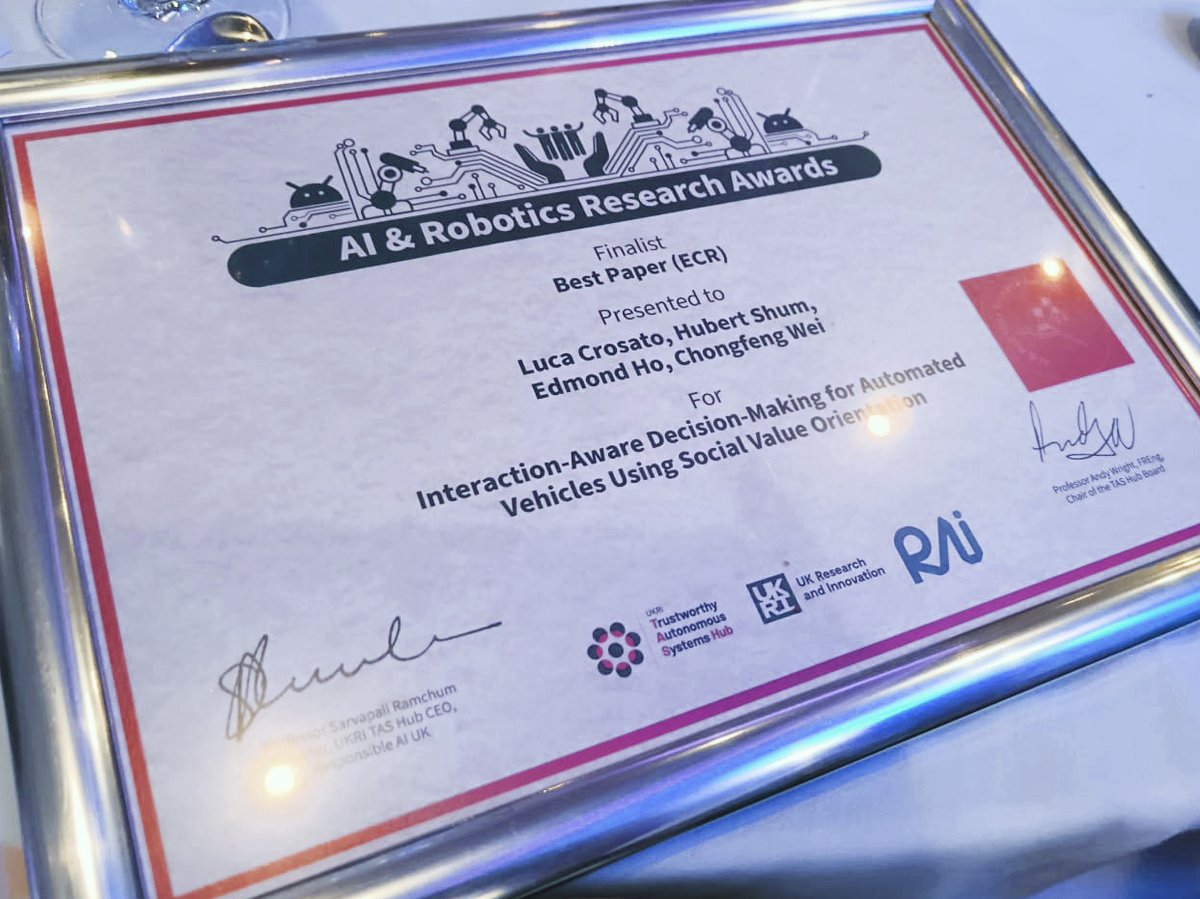 Thrilled that our human-autonomous vehicle interaction research (Luca, <a href="/hubertshum/">Hubert P. H. Shum</a>, <a href="/EdmondSLHo/">Edmond Ho</a> and Chongfeng) has become a Best Paper finalist for the UKRI Trustworthy Autonomous Systems (TAS) Hub AI &amp; Robotics Research award!
Thanks <a href="/EdmondSLHo/">Edmond Ho</a> for the photo!
<a href="/comp_sci_durham/">Comp Sci @ Durham</a>