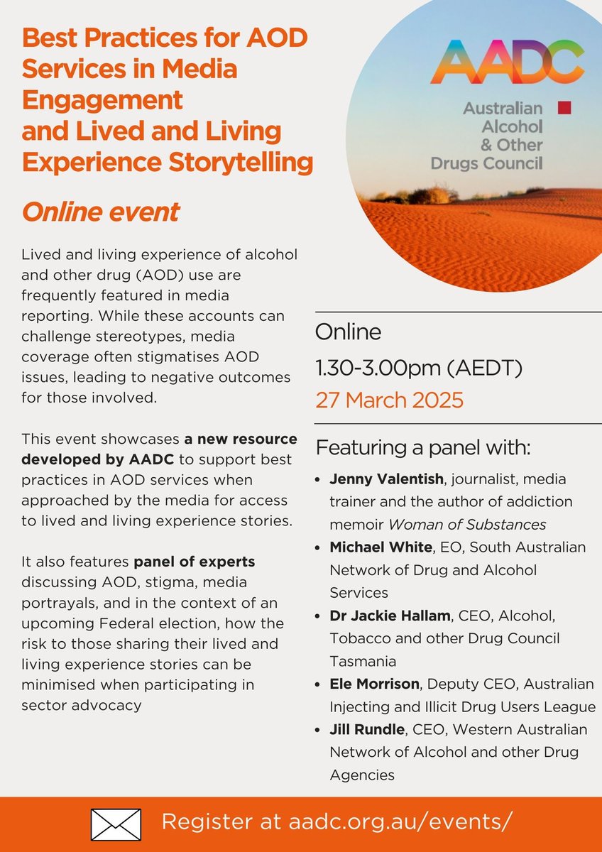 We are excited to announce the panel for our upcoming event on the media, lived/living experience stories &amp; best practices for AOD services.

Join us on 27/3 as we launch a new resource to support better outcomes for ppl who share their stories publicly.

aadc.org.au/events/