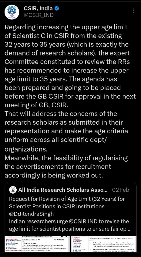 All India Research Scholars Association (@airsaindia) on Twitter photo It's shocking that AIRSA received a reply from the DG office <a href="/DrNKalaiselvi/">N Kalaiselvi</a>, yet <a href="/CSIR_IND/">CSIR, India</a> higher authorities remain silent, ignoring a crucial issue for Indian researchers.The age limit should be adjusted as per their tweet reply and implemented without delay <a href="/IndianExpress/">The Indian Express</a> It's shocking that AIRSA received a reply from the DG office <a href="/DrNKalaiselvi/">N Kalaiselvi</a>, yet <a href="/CSIR_IND/">CSIR, India</a> higher authorities remain silent, ignoring a crucial issue for Indian researchers.The age limit should be adjusted as per their tweet reply and implemented without delay <a href="/IndianExpress/">The Indian Express</a>