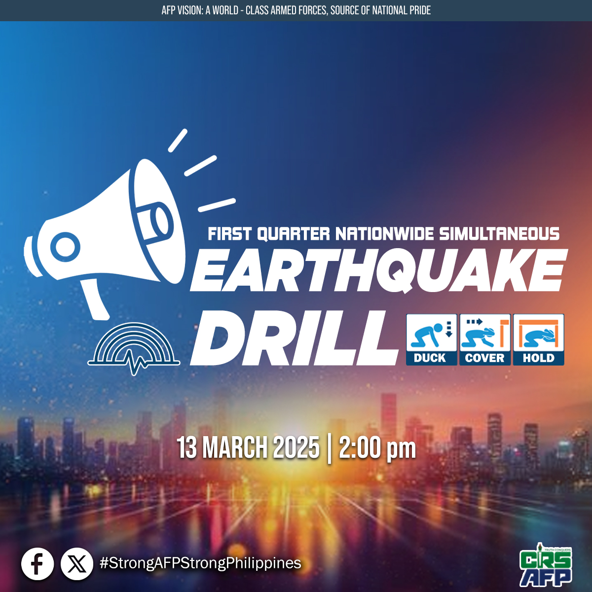 Sa Oras ng Sakuna, Bida ang Handa!  
Makiisa sa 𝟏𝐬𝐭 𝐐𝐮𝐚𝐫𝐭𝐞𝐫 𝐍𝐚𝐭𝐢𝐨𝐧𝐰𝐢𝐝𝐞 𝐒𝐢𝐦𝐮𝐥𝐭𝐚𝐧𝐞𝐨𝐮𝐬 𝐄𝐚𝐫𝐭𝐡𝐪𝐮𝐚𝐤𝐞 𝐃𝐫𝐢𝐥𝐥 ngayong araw.  
#AFPyoucanTRUST #OneAFPOnePhilippines #StrongAFPStrongPhilippines #OurSeasOurRightsOurFuture