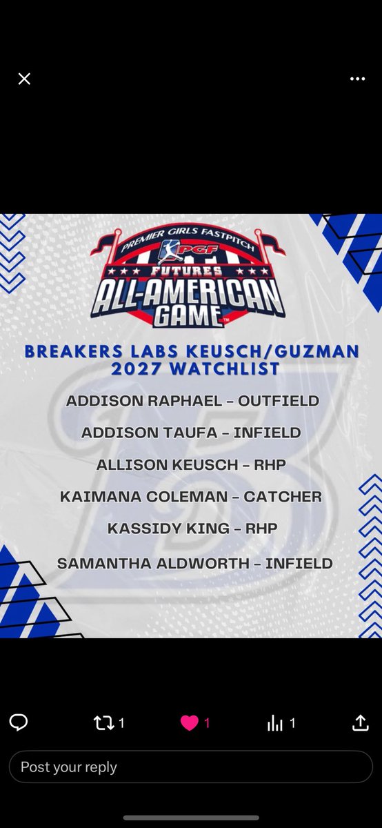 Kaimana Coleman (@kaimana2027) on Twitter photo Very grateful to have been put on the Futures All-American Game watchlist! Thank you <a href="/PGFnetwork/">PGF</a> !! Let’s go <a href="/BreakersKeusch/">Breakers Labs - Keusch/Guzman 16u</a> , so proud of all of my other teammates that also got nominated!
<a href="/ExtraInningSB/">EXTRA INNING SOFTBALL</a> <a href="/ondecksoftball/">OnDeck Softball 🥎</a>
<a href="/CoastRecruits/">Coast 2 Coast Recruits</a> <a href="/IHartFastpitch/">I❤️Fastpitch</a> <a href="/los_stuff/">Carlos Arias</a> <a href="/ODM_Testing/">ODM® Testing</a> Very grateful to have been put on the Futures All-American Game watchlist! Thank you <a href="/PGFnetwork/">PGF</a> !! Let’s go <a href="/BreakersKeusch/">Breakers Labs - Keusch/Guzman 16u</a> , so proud of all of my other teammates that also got nominated!
<a href="/ExtraInningSB/">EXTRA INNING SOFTBALL</a> <a href="/ondecksoftball/">OnDeck Softball 🥎</a>
<a href="/CoastRecruits/">Coast 2 Coast Recruits</a> <a href="/IHartFastpitch/">I❤️Fastpitch</a> <a href="/los_stuff/">Carlos Arias</a> <a href="/ODM_Testing/">ODM® Testing</a>