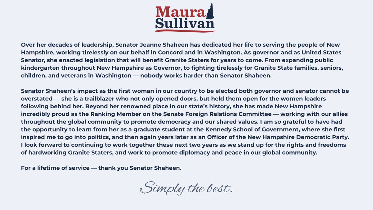 Thank you Senator Shaheen for your decades of distinguished service to New Hampshire and our country. Simply the best. <a href="/NHDems/">NH Democratic Party</a> #NHPolitics <a href="/SenatorShaheen/">Sen. Jeanne Shaheen</a> <a href="/JeanneShaheen/">Jeanne Shaheen</a>