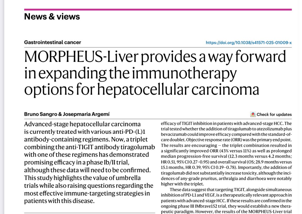 Erman Akkus (@erman_akkus) on Twitter photo 📋Anti (TIGIT + PDL1 + VEGF) for advanced HCC
<a href="/NatRevClinOncol/">NatureRevClinOncol</a>
✅ A news&comment from Bruno Sangro and <a href="/jargemib/">Josepmaria Argemi</a> on MORPHEUS-Liver
➡️Tiragolumab-atezo-beva
🔄HCC treatment is quickly evolving
👉doi.org/10.1038/s41571…
<a href="/OncoAlert/">OncoAlert</a> #cancer #oncology #liver #MedX 📋Anti (TIGIT + PDL1 + VEGF) for advanced HCC
<a href="/NatRevClinOncol/">NatureRevClinOncol</a>
✅ A news&comment from Bruno Sangro and <a href="/jargemib/">Josepmaria Argemi</a> on MORPHEUS-Liver
➡️Tiragolumab-atezo-beva
🔄HCC treatment is quickly evolving
👉doi.org/10.1038/s41571…
<a href="/OncoAlert/">OncoAlert</a> #cancer #oncology #liver #MedX