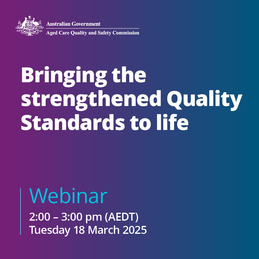 Aged Care Quality and Safety Commission (@agedcarequality) on Twitter photo šREMINDER: Register for our second webinar of 2025, āBringing the strengthened Quality Standards to lifeā.
The strengthened Quality Standards will replace the current Aged Care Quality Standards on 1 July 2025.
šāāļøRegister here: loghic.eventsair.com/131185/238849/ā¦
#ACQSC #Webinar #Event šREMINDER: Register for our second webinar of 2025, āBringing the strengthened Quality Standards to lifeā.
The strengthened Quality Standards will replace the current Aged Care Quality Standards on 1 July 2025.
šāāļøRegister here: loghic.eventsair.com/131185/238849/ā¦
#ACQSC #Webinar #Event