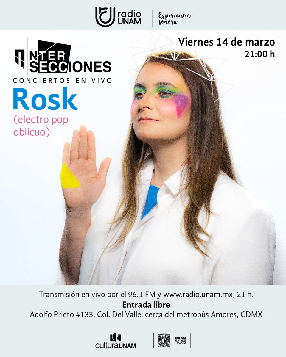 ¡Acompáñanos a disfrutar la #ExperienciaSonora de <a href="/Rosklive/">Rosk</a>  y su fusión única de guitarras de rock crudas y emotivas, y ritmos electrónicos 🎵
Este viernes de #Intersecciones en la #SalaJuliánCarrillo. ¡Es #EntradaLibre!