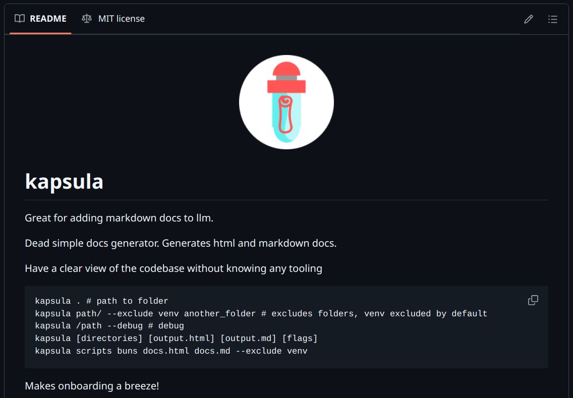 osdotsystem's tweet image. Released 0.2.1 for this package
Available on pypi
Kapsula provides a directory worth of py code in a single html file with easy search.
For llm, use it to provide entire library codes in one .md file to use in cursor for example.
$ pip install kapsula Inspired by…