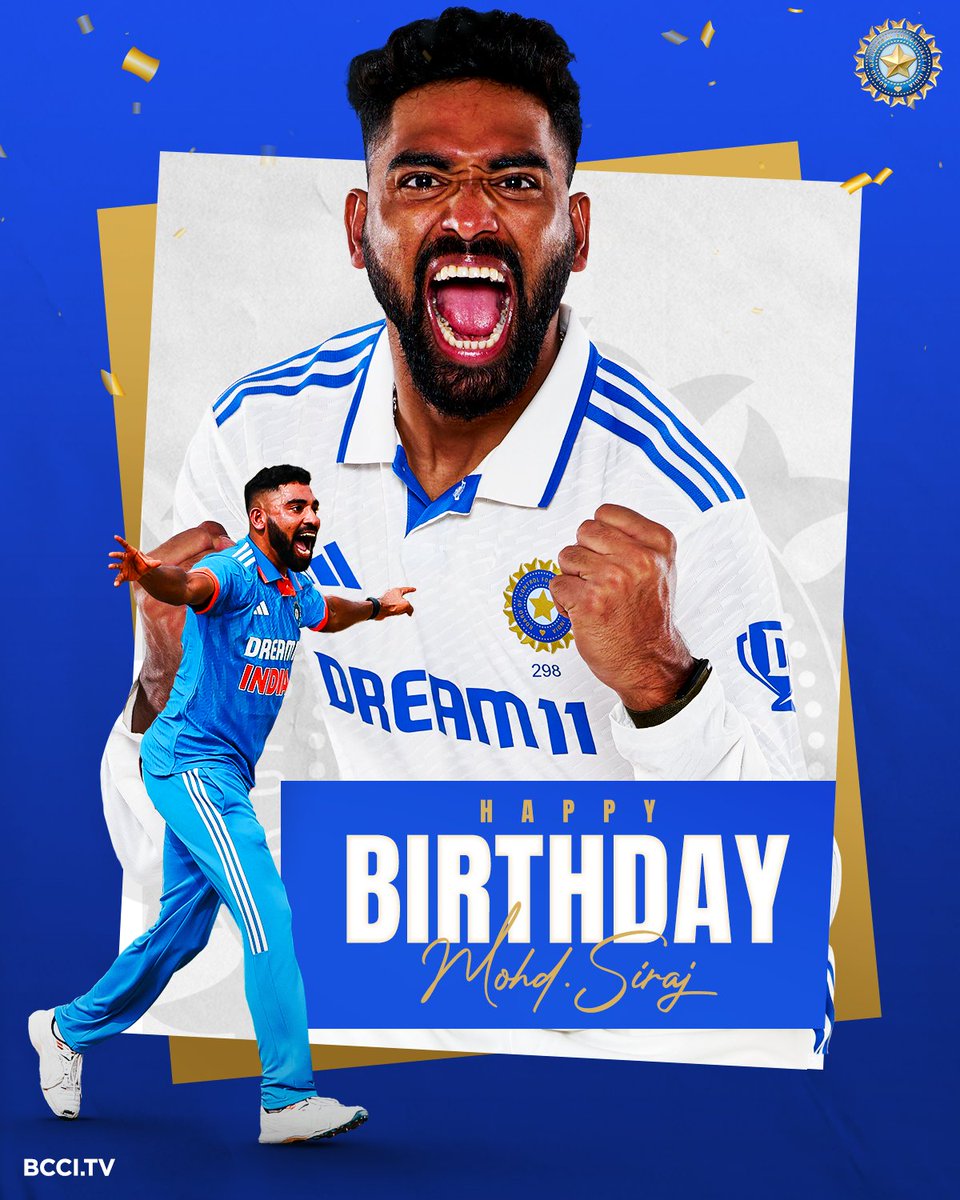 BCCI's tweet photo. Wishing #TeamIndia pacer and ICC Men's T20 World Cup 2024 winner, Mohd. Siraj, a very Happy Birthday 😎🎂

@mdsirajofficial https://t.co/4EbfshVESO