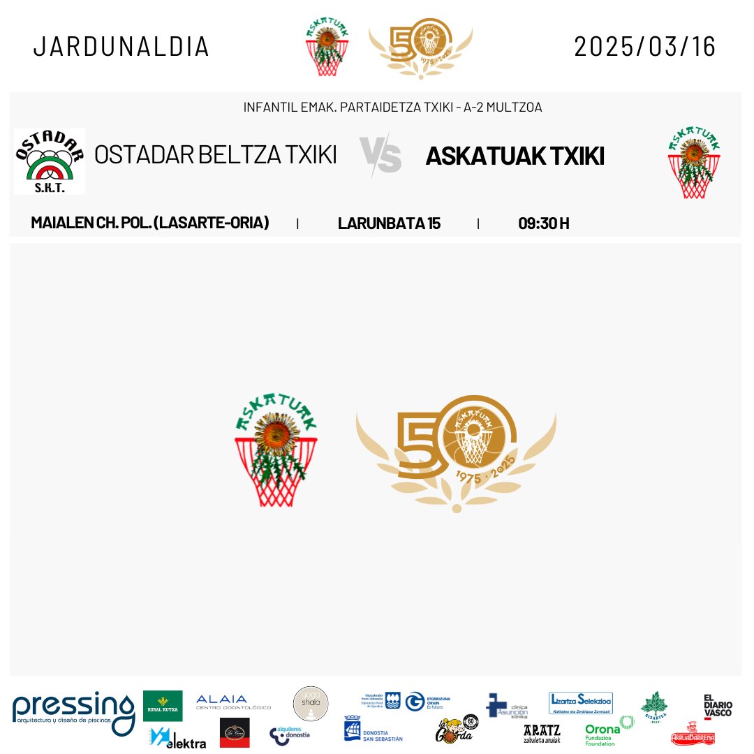 📅JARDUNALDIA - JORNADA 16/03/2025                

📷Hau da gure taldeen jardunaldia asteburu  honetarako.                   
📷Esta es la jornada de nuestros equipos este fin de semana.

#NiNaizAskatuak #GuGaraAskatuak
<a href="/fgbaloncesto/">GSF</a>
<a href="/FBasketbasko/">Foro Basketbasko</a>