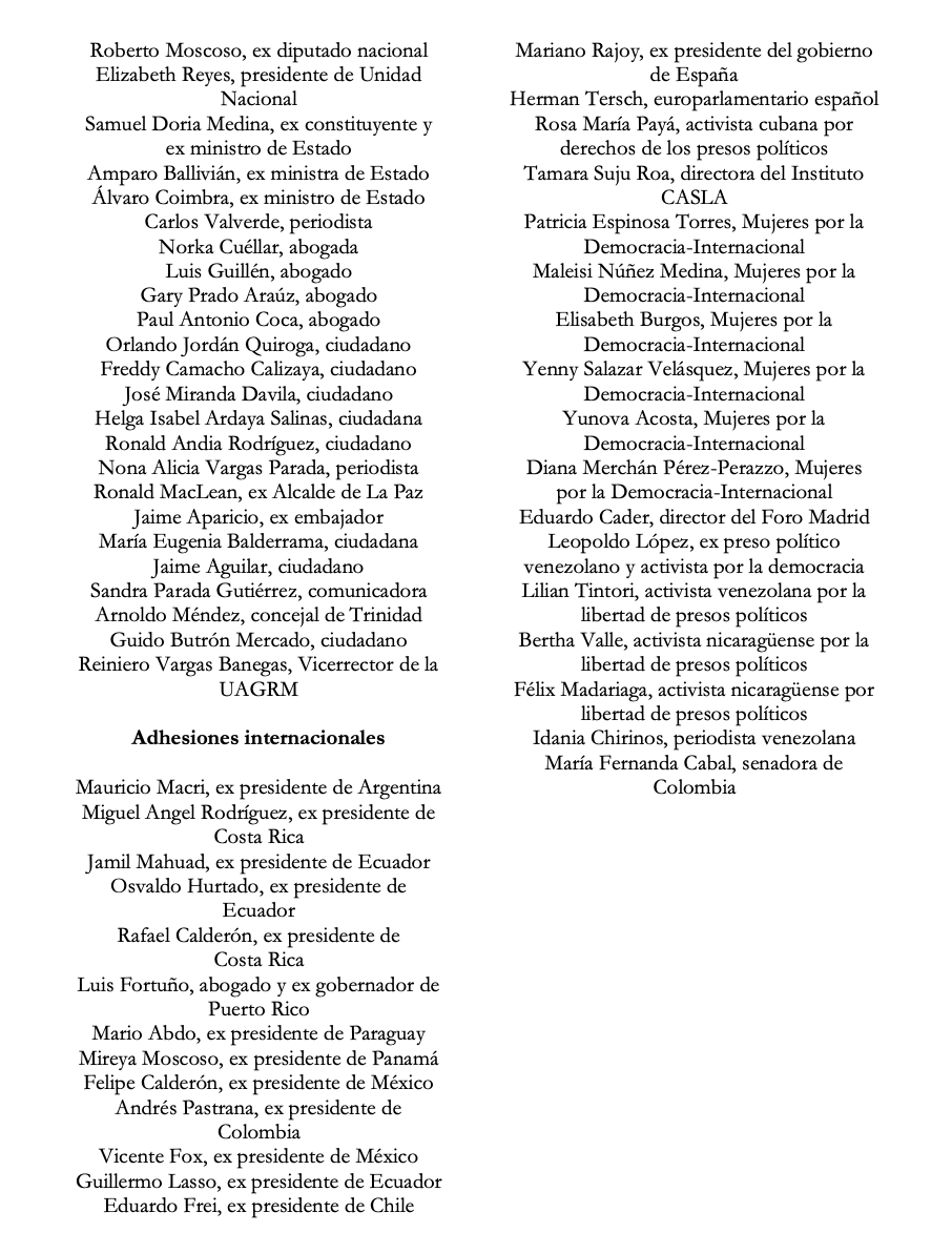 A cuatro años de la abusiva detención por parte del Ministerio de Gobierno y la Policía Nacional de la ex Presidente de Bolivia, <a href="/JeanineAnez/">Jeanine Añez Chávez</a>, #MujeresPorLaDemocracia #MujeresXBolivia y la ciudadanía que se adhiere al pie de este
pronunciamiento, declaramos:
#LiberenAJeanine