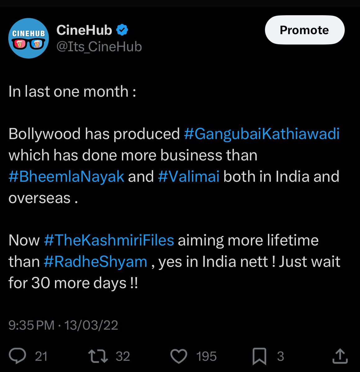Its_CineHub's tweet image. Meanwhile my TWEETS on #TheKashmirFiles 😃✅

Sir @vivekagnihotri , if you think my account is sponsored by 'you know who,' I would not have appreciated Kashmir Files in the first place!!  Also, if you believe my tweets are paid, then perhaps you OWE me something for the support