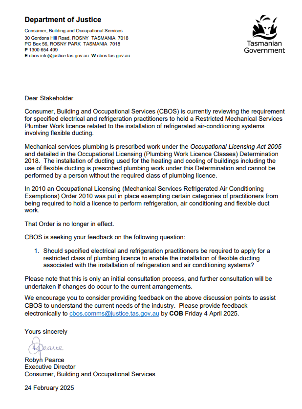 RACCA_Aus's tweet photo. Consumer, Building and Occupational Services (CBOS) in Tasmania is reviewing licensing requirements for electrical and refrigeration practitioners. 
If you would like to share your thoughts, send your response to cbos.comms@justice.tas.gov.au https://t.co/RPP8dunw6G