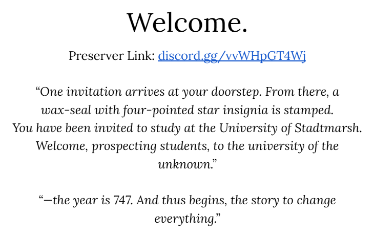 stadtmarsh_RP's tweet photo. Welcome to the Stadtmarsh University, prospecting students!
Stadtmarsh University is a 18+ RP Group set in the modern age, with the setting of a magical university in an isolated island.

Preserver: https://t.co/Rrfg9ySJOS
Masterdocs: https://t.co/cXsViLrUmr https://t.co/Qbzg0lHRAe