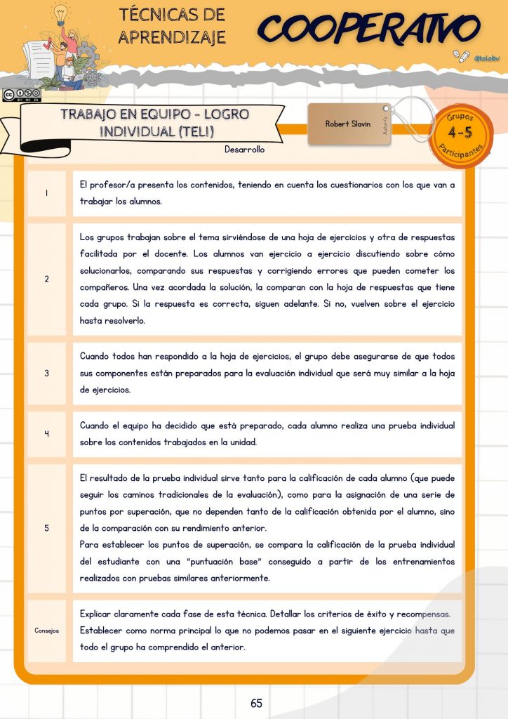 Técnica de #aprendizajecooperativo Trabajo en equipo, logro individual (TELI). 
Cuando el trabajo colectivo beneficia al individual. 
Disponible en Bloomania.es 
#ideasparaclase #claustrovirtual #educaciónprimaria #compartomiedublog  #metodologíasactivas