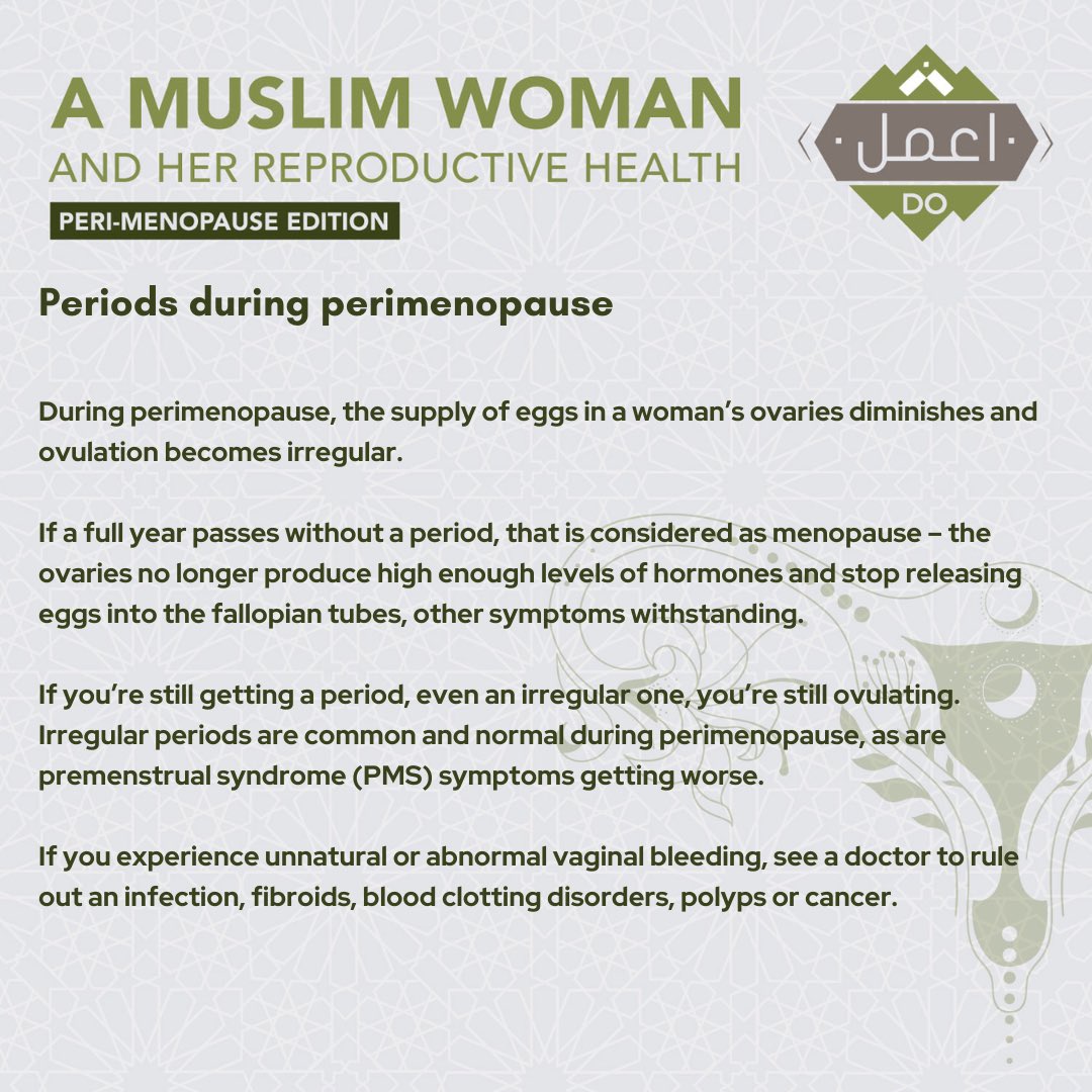 dolearningZA's tweet image. 10. Periods during Perimenopause

#DoLearning #RamadanSeries #MuslimWoman #perimenopause #Islam