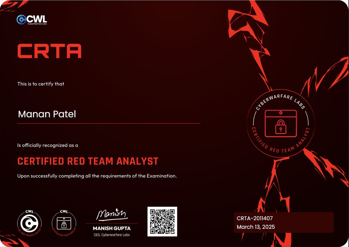 Thrilled to announce that I’ve officially passed the CRTA exam by <a href="/cyberwarfarelab/">CyberWarFare Labs</a>  and earned my certification! 🎉
A big thank you to everyone who supported me throughout this journey. Excited for what’s next!
#RedTeam #CRTA #CyberSecurity