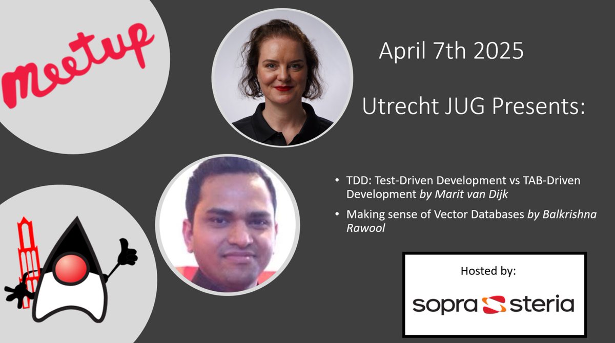 Utrecht Java User Group (@utrechtjug) on Twitter photo Next meetup! Join us on April 7th to learn more about:
TDD: Test-Driven Development vs TAB-Driven Development by <a href="/MaritvanDijk77/">Marit van Dijk ☕️🥑</a>
Making sense of Vector Databases by <a href="/BalaRawool/">Balkrishna Rawool</a>
RSVP via meetu.ps/e/NJtfr/kBS3T/i Next meetup! Join us on April 7th to learn more about:
TDD: Test-Driven Development vs TAB-Driven Development by <a href="/MaritvanDijk77/">Marit van Dijk ☕️🥑</a>
Making sense of Vector Databases by <a href="/BalaRawool/">Balkrishna Rawool</a>
RSVP via meetu.ps/e/NJtfr/kBS3T/i