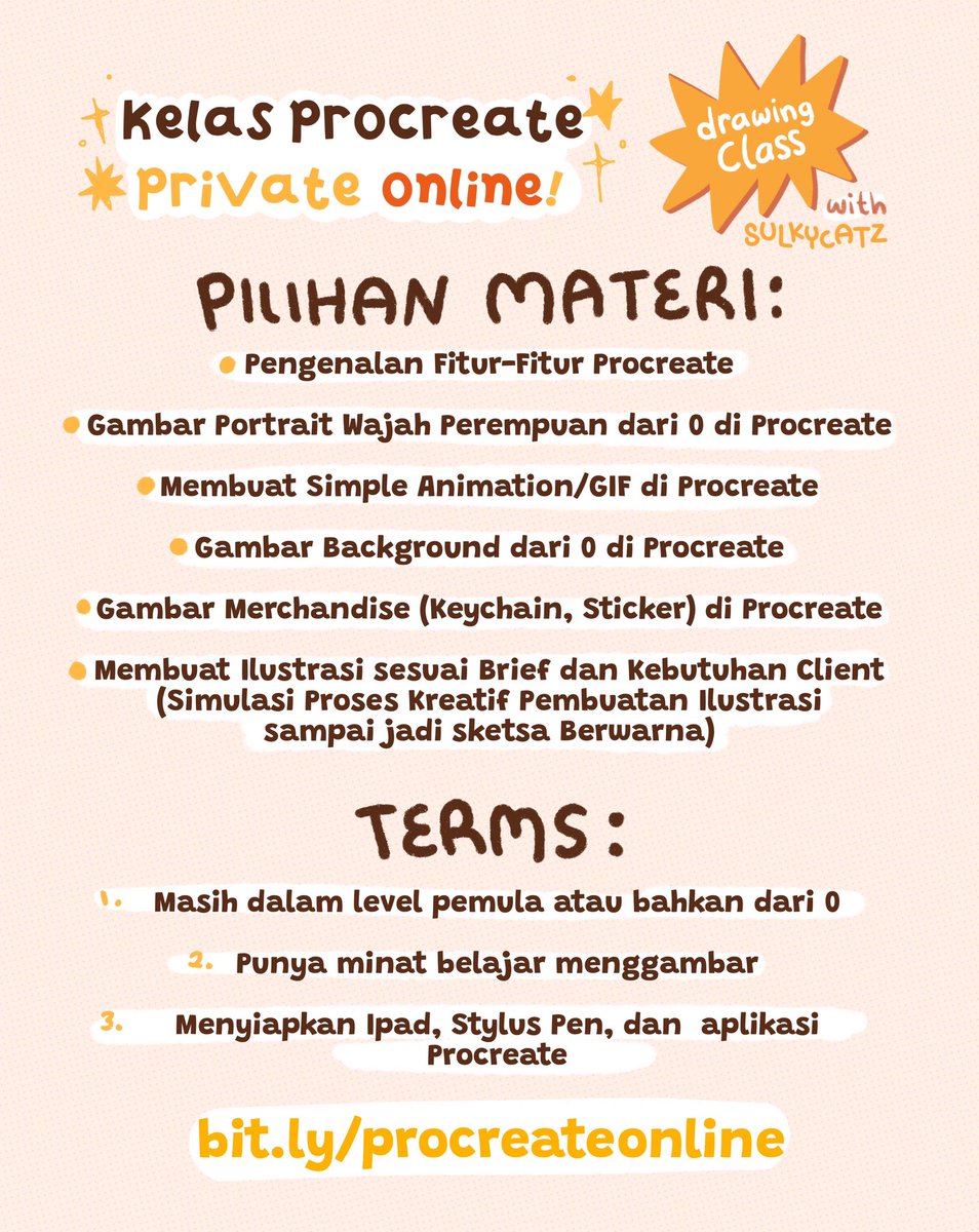 kalau kamu punya ipad pencil dan procreate tapi lebih sering gak dipake, dan sebenernya pengeen belajar gambar, aku bisa bantuin! aku buka kelas gambar digital dengan aplikasi procreate online!

kamu bisa pilih materi yang pengen kamu pelajarin dan waktu fleksibel

9 SLOTS LEFT