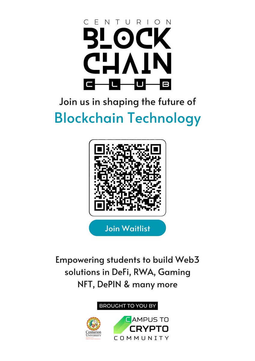 Centurion Blockchain Club is live!

Powered by Campus to Crypto and guided by @0xabhimitra, we’re creating a Web3 hub in Bhubaneswar.
Learn, build, and network in DeFi, NFTs, gaming, and more! Centurion students, join now! Others, join the waitlist for priority access.