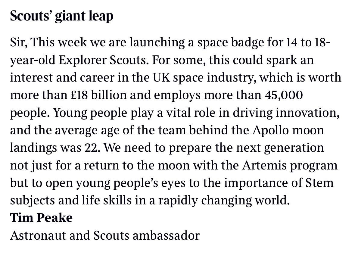 Scouts (@scouts) on Twitter photo By <a href="/astro_timpeake/">Tim Peake</a> in today’s <a href="/thetimes/">The Times and The Sunday Times</a>. Find out more about the brand new #ExplorerScout #SpaceBadge on this mornings <a href="/BBCBreakfast/">BBC Breakfast</a>. By <a href="/astro_timpeake/">Tim Peake</a> in today’s <a href="/thetimes/">The Times and The Sunday Times</a>. Find out more about the brand new #ExplorerScout #SpaceBadge on this mornings <a href="/BBCBreakfast/">BBC Breakfast</a>.
