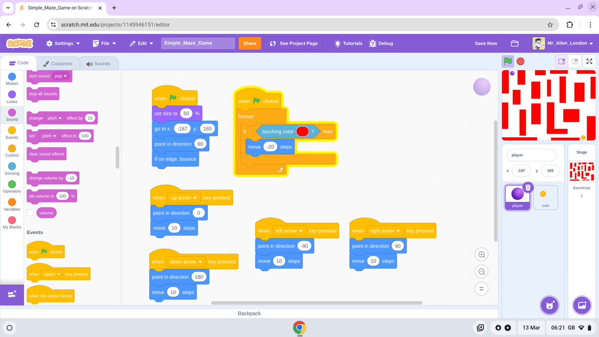 TsuiAllen's tweet image. The @scratch #MazeStarter program achieves the learning goals of sequencing as the point in direction block has to come before the move block for the game controller. The forever loop is an example of the programming construct of iteration so suitable for Year 7 too.