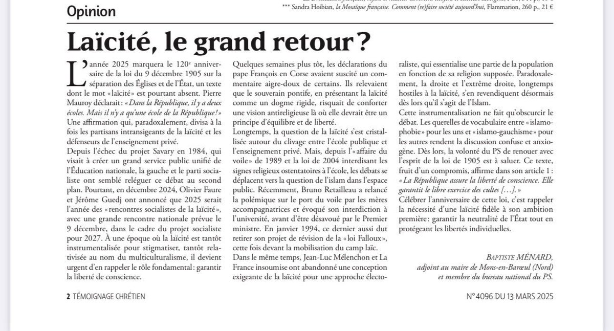 Baptiste Ménard 💬 (@baptistemenard) on Twitter photo 📝 « #Laïcité, le grand retour ? » | Ma Tribune pour <a href="/TChebdo/">Témoignage Chrétien</a> !
💬 « #LFI a abandonné une conception exigeante pour une approche électoraliste. Les #droites extrêmes s’en revendiquent & jouent l’instrumentalisation de la #laïcité pour exclure les musulmans. » 📝 « #Laïcité, le grand retour ? » | Ma Tribune pour <a href="/TChebdo/">Témoignage Chrétien</a> !
💬 « #LFI a abandonné une conception exigeante pour une approche électoraliste. Les #droites extrêmes s’en revendiquent & jouent l’instrumentalisation de la #laïcité pour exclure les musulmans. »