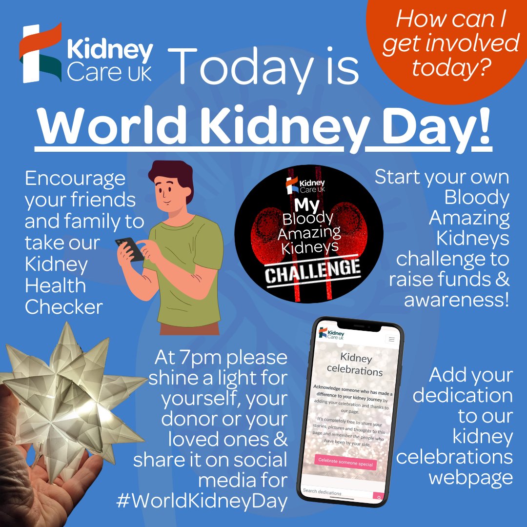 ❗It's officially #WorldKidneyDay today &amp; we want YOU to get involved as much as possible! Let's work together to raise the profile of our #BloodyAmazingKidneys &amp; #ChronicKidneyDisease. More info: kidneycareuk.org/news-from-kidn…

What will you be doing today? Let us know in the comments!