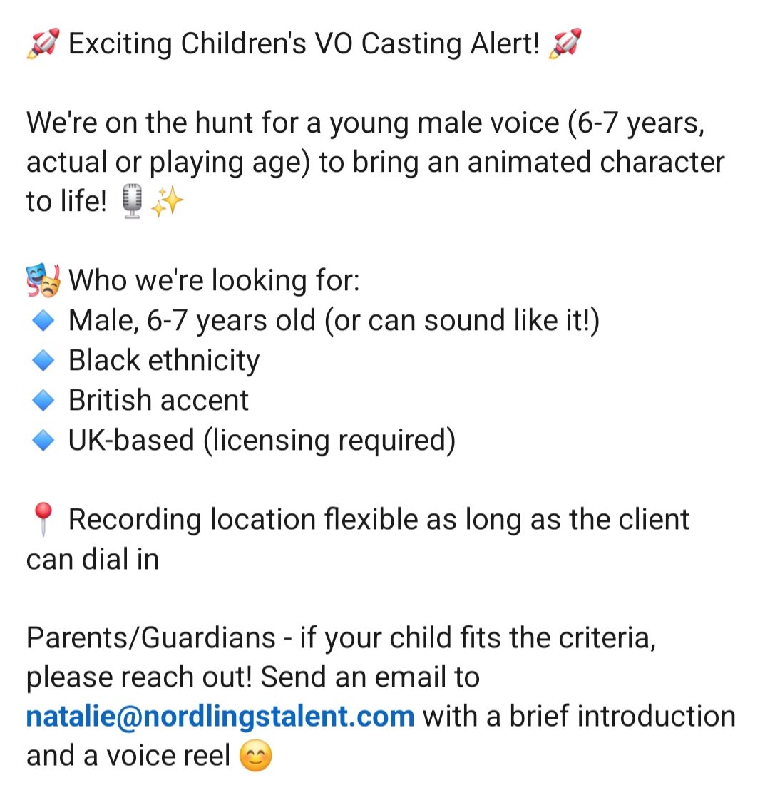 CHILD VO CASTING CALL🗣⬇️

#Voiceover #CastingCall #Animation #ChildActors #London
