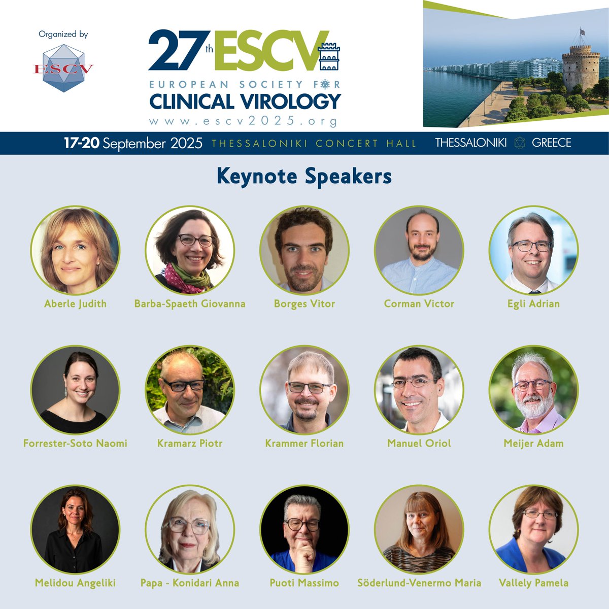 🚨 Keynote Speakers Announced! 🚨
We’re excited to reveal the keynote speakers for the 27th ESCV Conference 🧬, happening Sept 17-20, 2025! 🎤🔬
Join top experts in clinical virology as they share cutting-edge insights &amp; research. Don't miss it!
🔗 escv2025.org