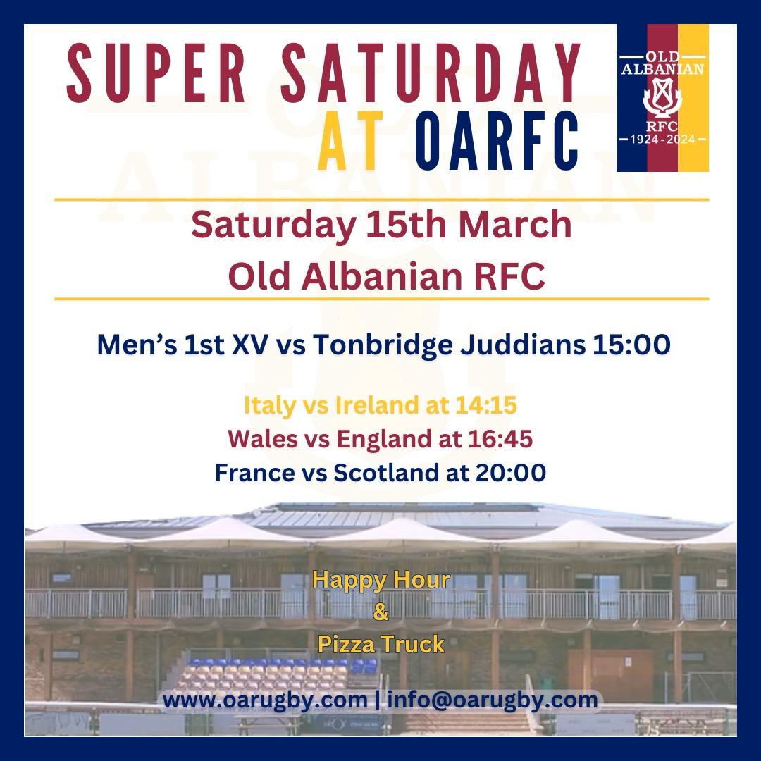 🚨Super Saturday🚨

Join us this weekend for an action-packed day…
with our Men’s 1st XV vs Tonbridge Juddians - 3pm KO
and the final week of the Six Nations!🍻

#oldalbaniansrfc #nat2e #oasrugby #stalbans #oas