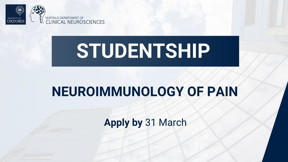 Nuffield Department of Clinical Neurosciences (@ndcnoxford) on Twitter photo 🔊 OPPORTUNITY
If you're applying for a DPhil at Oxford, consider our studentship in the neuroimmunology of pain. This is a funded opportunity that covers fees at the UK home rate, and stipend. More info 👇
buff.ly/YWnTGMq
<a href="/OxfordMedSci/">Medical Sciences</a> <a href="/OxfordGradStudy/">Graduate Study at Oxford</a> 🔊 OPPORTUNITY
If you're applying for a DPhil at Oxford, consider our studentship in the neuroimmunology of pain. This is a funded opportunity that covers fees at the UK home rate, and stipend. More info 👇
buff.ly/YWnTGMq
<a href="/OxfordMedSci/">Medical Sciences</a> <a href="/OxfordGradStudy/">Graduate Study at Oxford</a>
