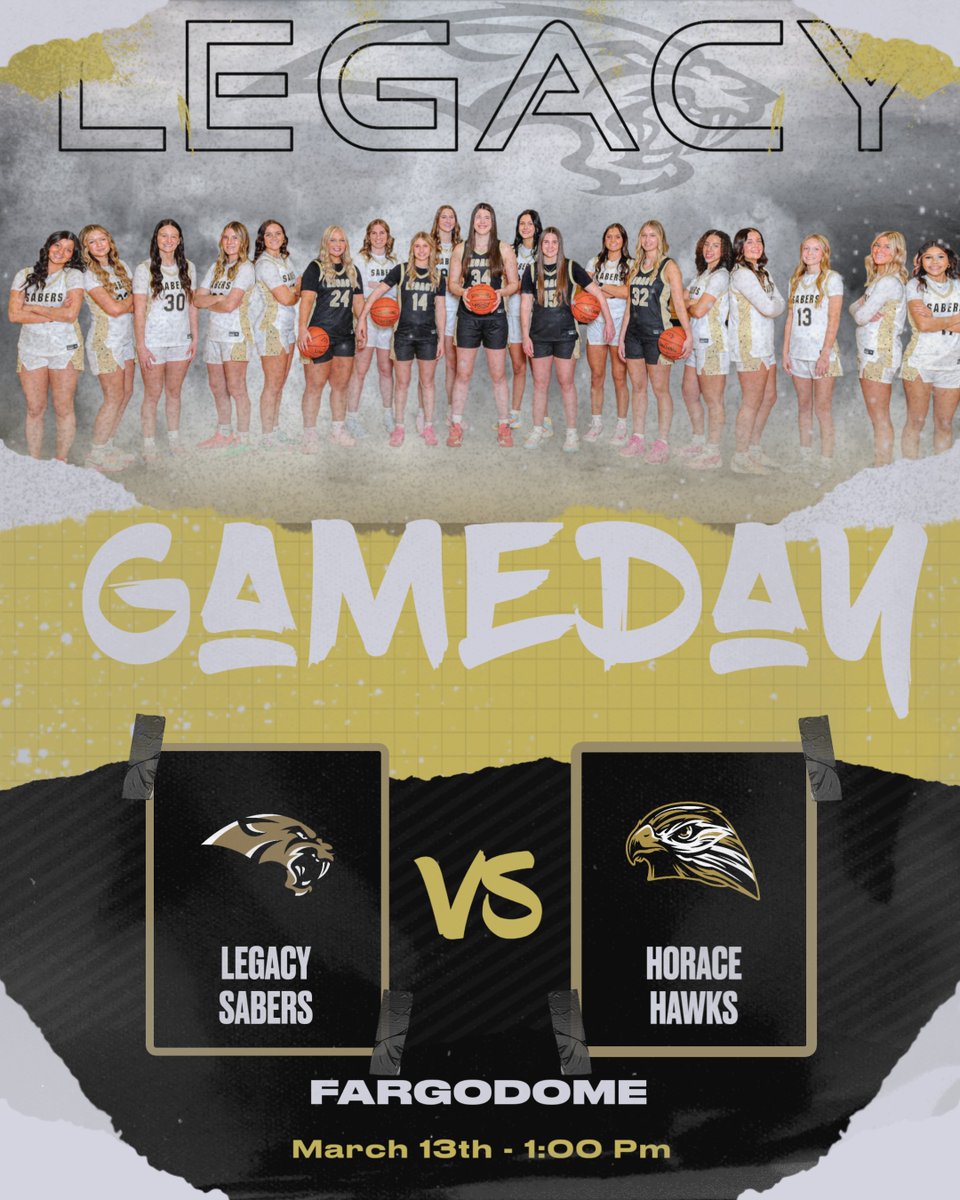 GAMEDAY

State Tournament - Quarterfinals

The Sabers are on the prowl and are looking to knock off the top seeded Horace Hawks in the opening game of the 2025 ND Girls Basketball State Tournament in Fargo. 

⏰ 1:00 PM 
🏟️ Fargodome

#CreatingOurLegacy
#WhyNotUs