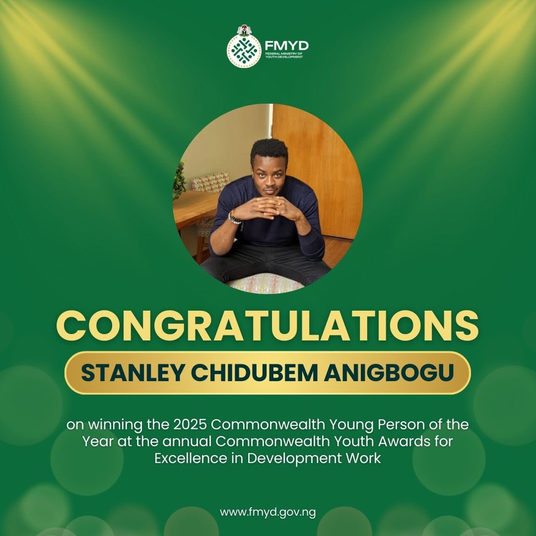fmydNG's tweet photo. Minister of Youth Development, Comrade Ayodele Olawande, extends his heartfelt congratulations to Stanley Anigbogu for being named Commonwealth Young Person of the Year and winning the Commonwealth Youth Award for Excellence in Developmental Work! https://t.co/AOvL7Y3rHH