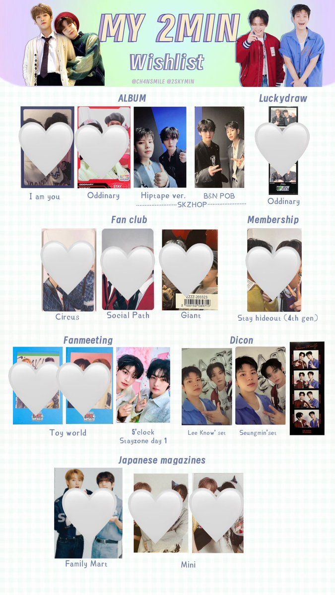 wtb lfs stray kids skz ph

2min lee know seungmin unit pcs

looking for unmarked pcs!
flexi budget 🥹

# hop hiptape b&amp;n 5’clock stayzone dicon