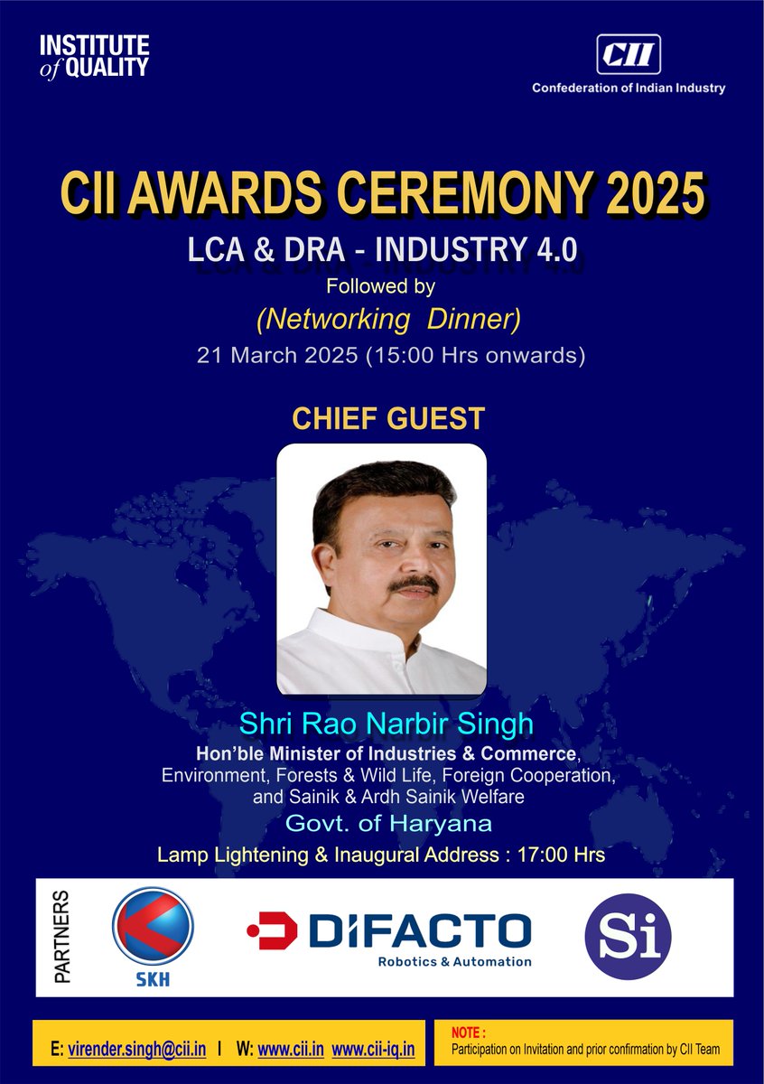 Shri Rao Narbir Singh, Hon’ble Minister of Industries &amp; Commerce; Environment, Forests &amp; Wildlife; Foreign Cooperation; and Sainik &amp; Ardh Sainik Welfare, Government of Haryana, will inaugurate the CII Award Ceremony – LCA &amp; DRA – Industry 4.0 on 21st March in Gurgaon. Over 500
